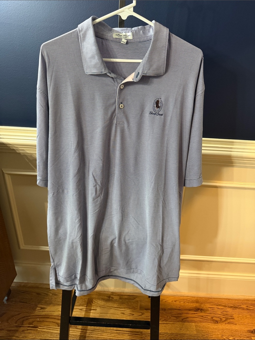 Peter Millar Light Blue and Soft PinkStriped Men's Polo-Shoal Creek Logo